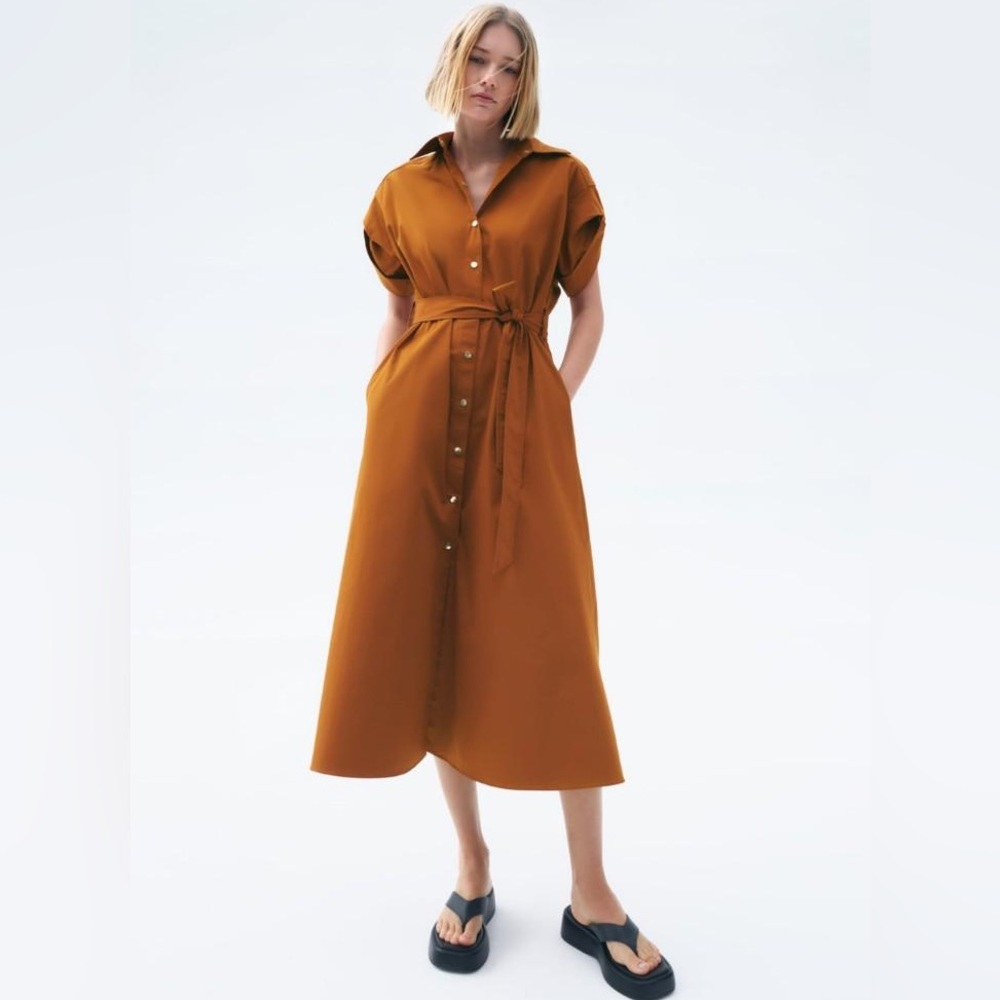 Zara | Midi Belted Shirt Dress with Gold Buttons